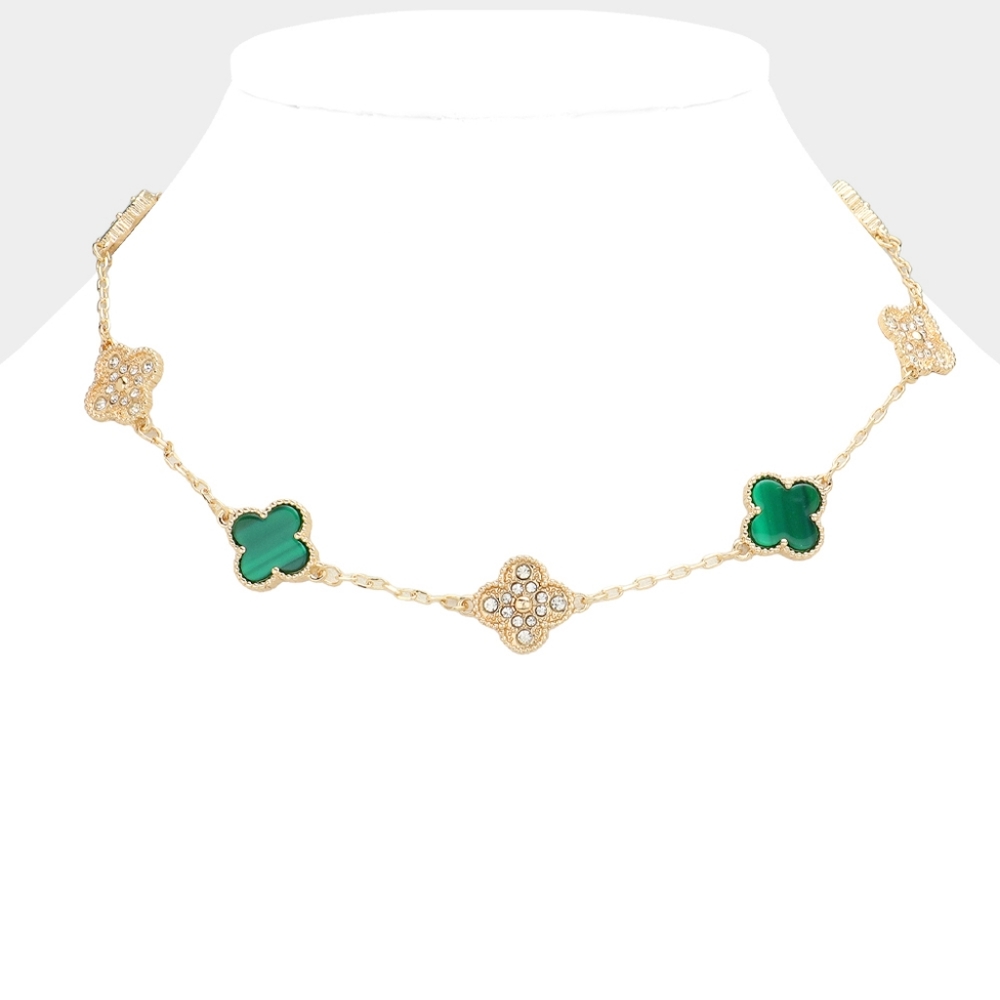 Green & Gold Crystal Quatrefoil Clover Chain Necklace Station Pendant Everyday